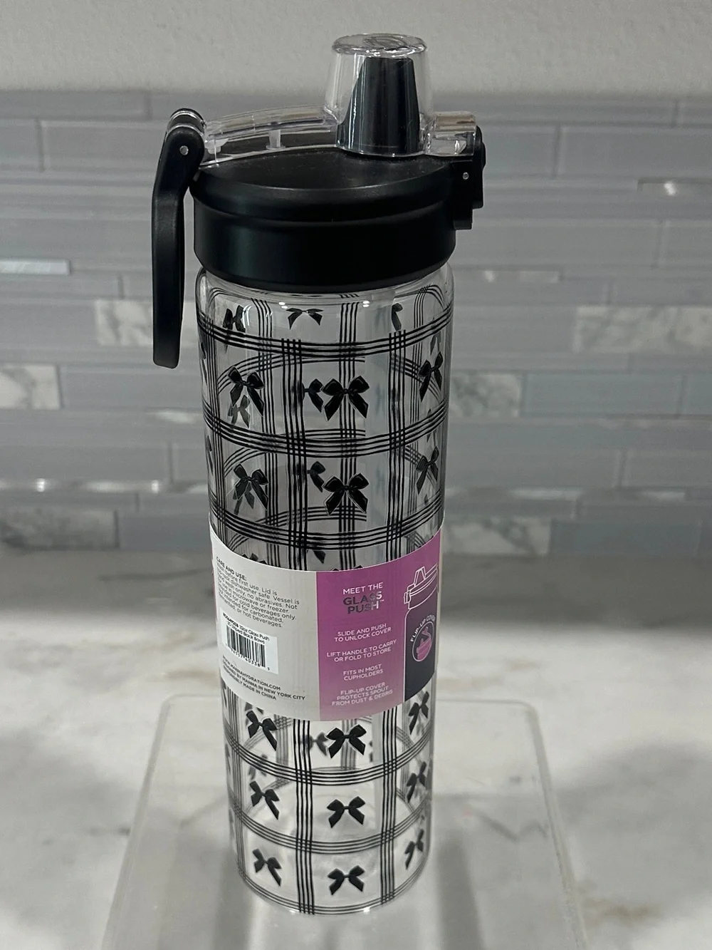 Glass Push 32 oz Reusable Leak-Proof Glass Water Bottle - Black Bow Pattern